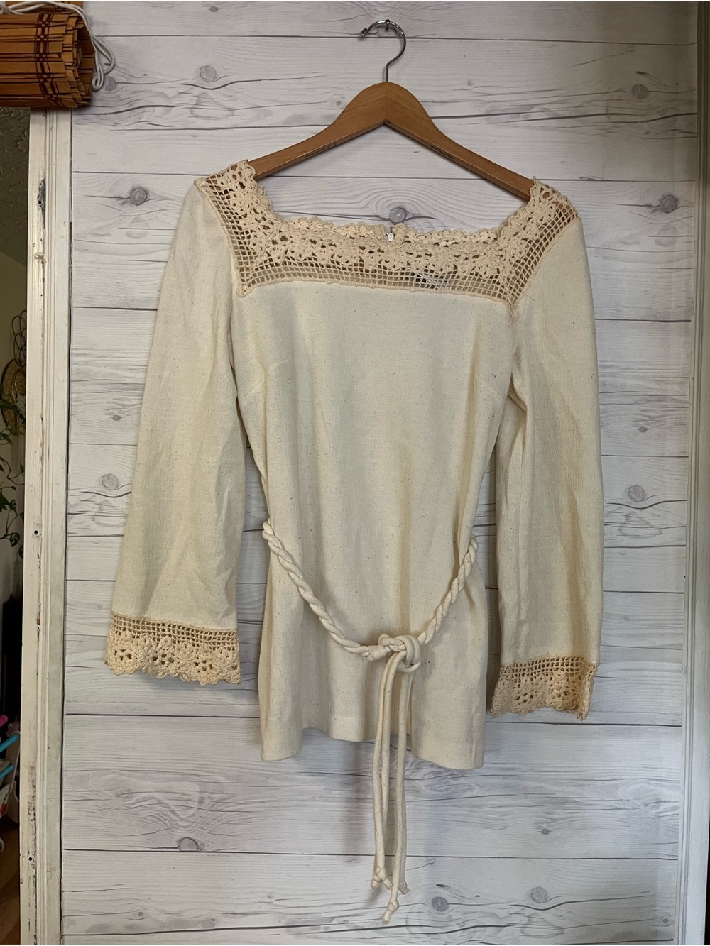 Vtg Butte Knit Crochet Tunic Top Lace Tie Waist Cream Medium 70s Boho